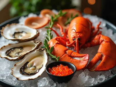 Fresh Seafood Platter With Lobster And Oysters On Ice