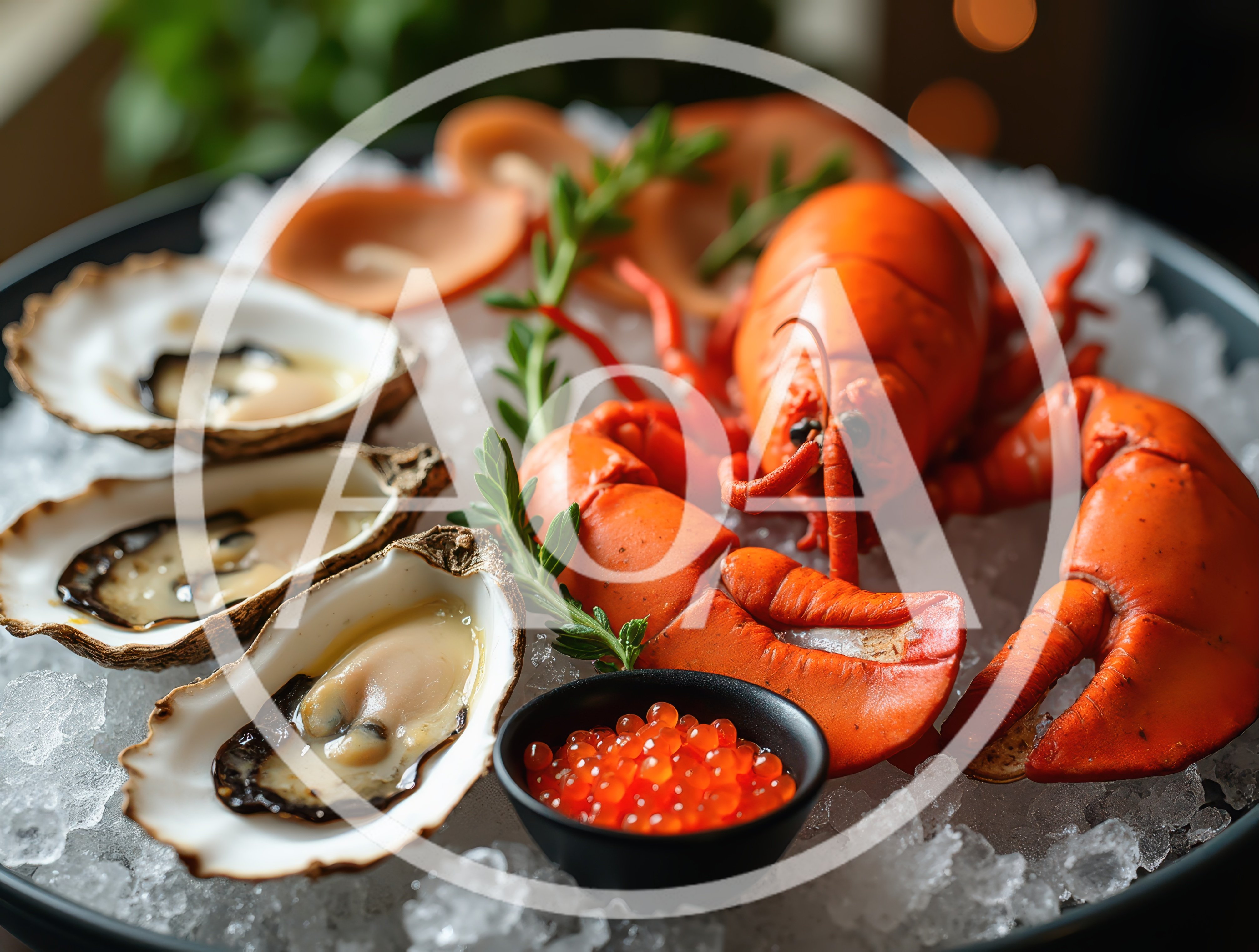 Fresh Seafood Platter With Lobster And Oysters On Ice