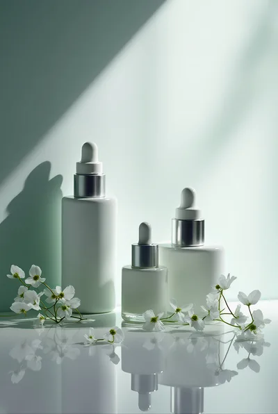 Three White Skincare Dropper Bottles With White Flowers