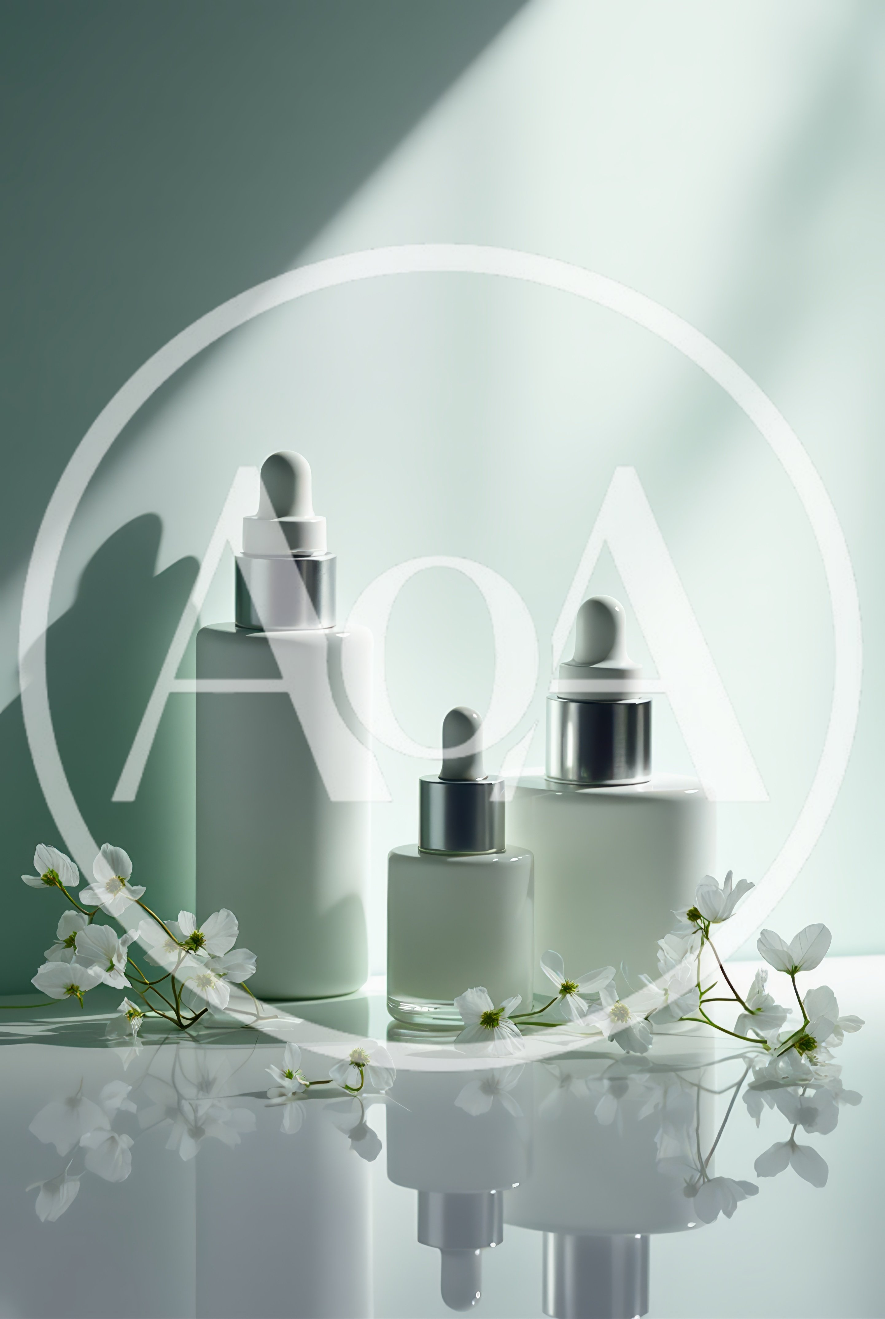 Three White Skincare Dropper Bottles With White Flowers