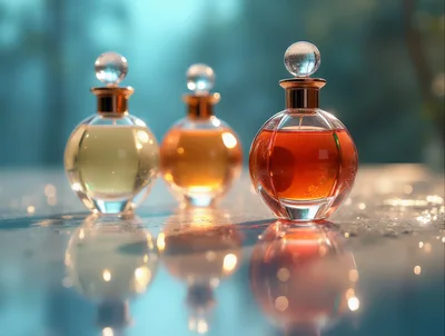 Three Elegant Perfume Bottles On A Reflective Surface