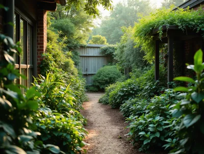 Lush Garden Path Between Brick House And Pergola