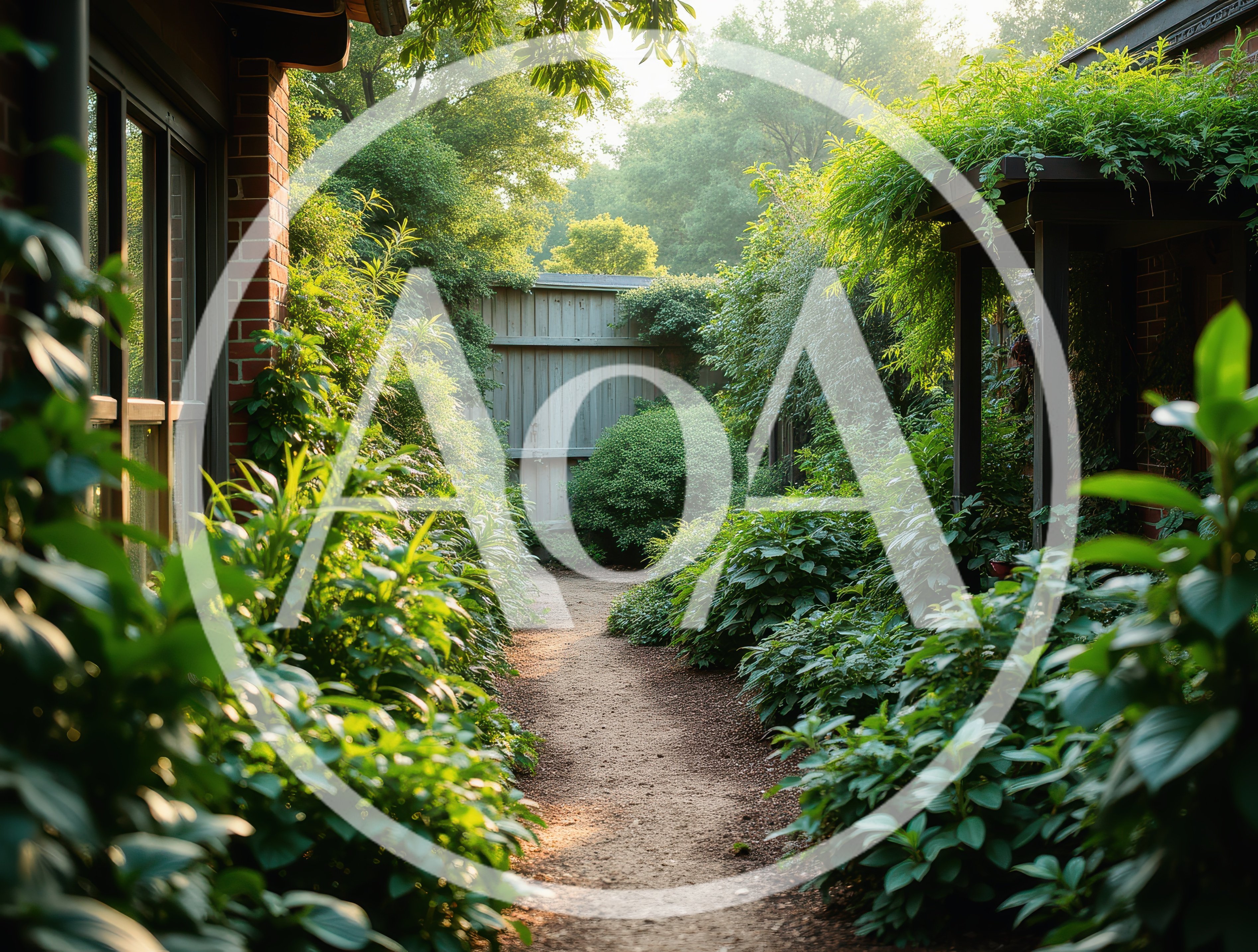 Lush Garden Path Between Brick House And Pergola