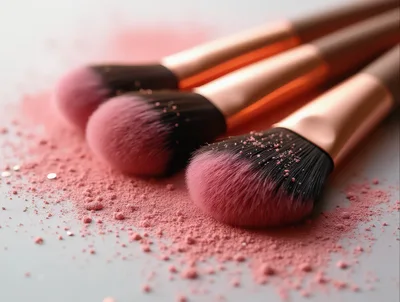 Three Makeup Brushes With Pink Powder On Surface