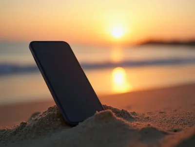 Smartphone Standing Upright In Beach Sand At Sunset