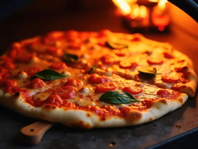 Fresh Margherita Pizza Baking In A Wood Fired Oven
