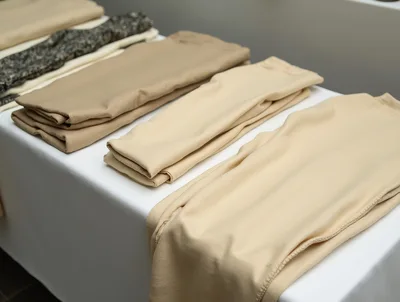 Folded Beige Fabric Samples On A White Table