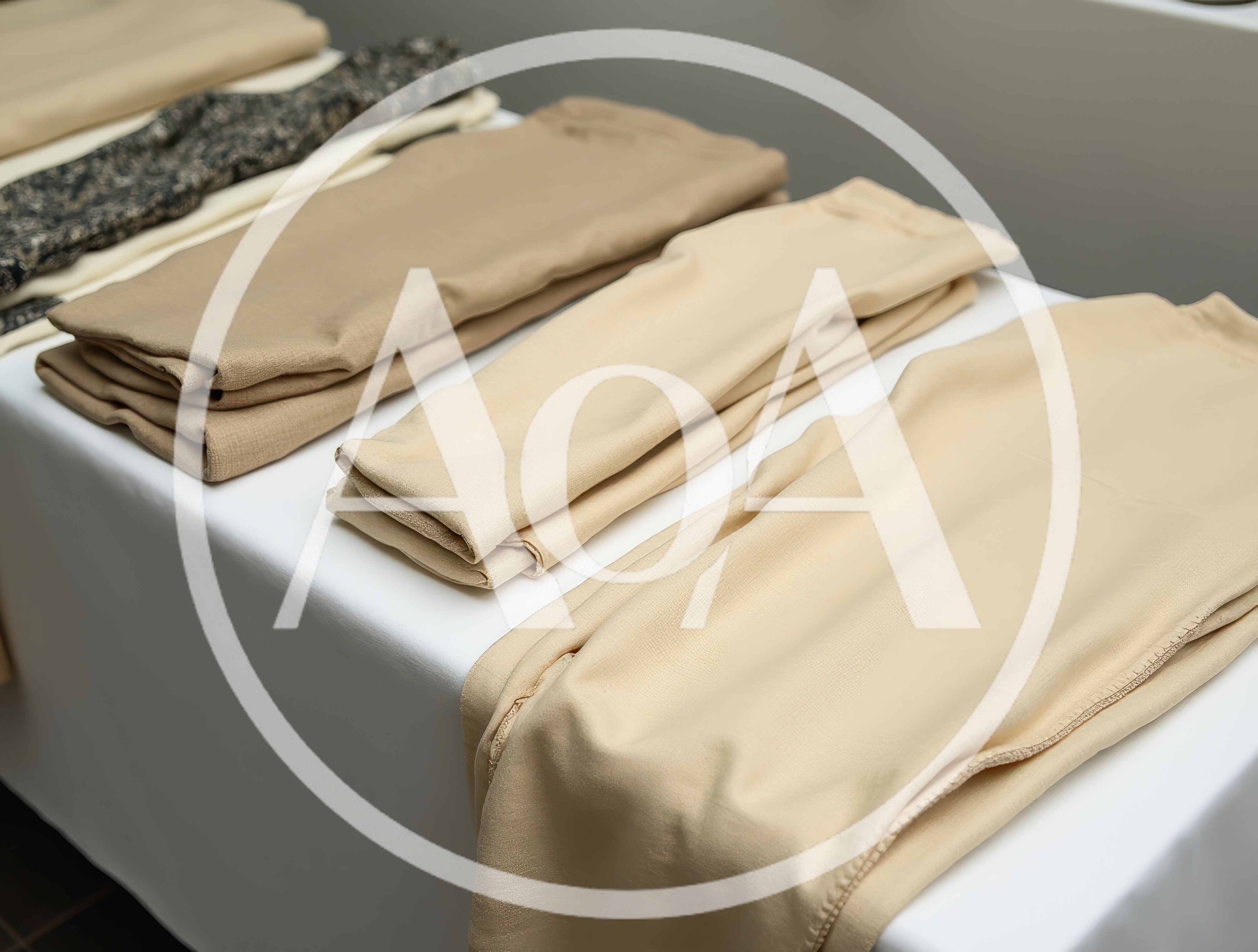 Folded Beige Fabric Samples On A White Table