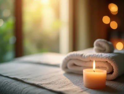 Spa Treatment Table With Towels And Lit Candle