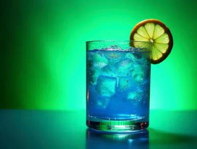 Blue Cocktail With Ice And Lemon Garnish