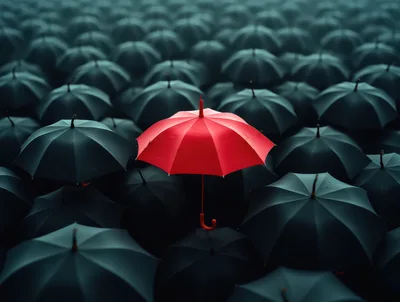 Single Red Umbrella Standing Out Among Many Black Umbrellas