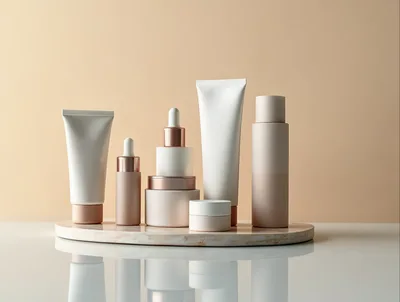 Collection of Skincare Cosmetic Products on Marble Tray