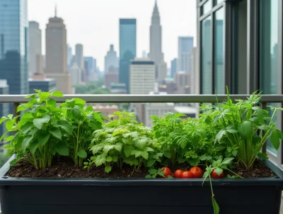 Urban Balcony Garden With Fresh Vegetables And City Skyline