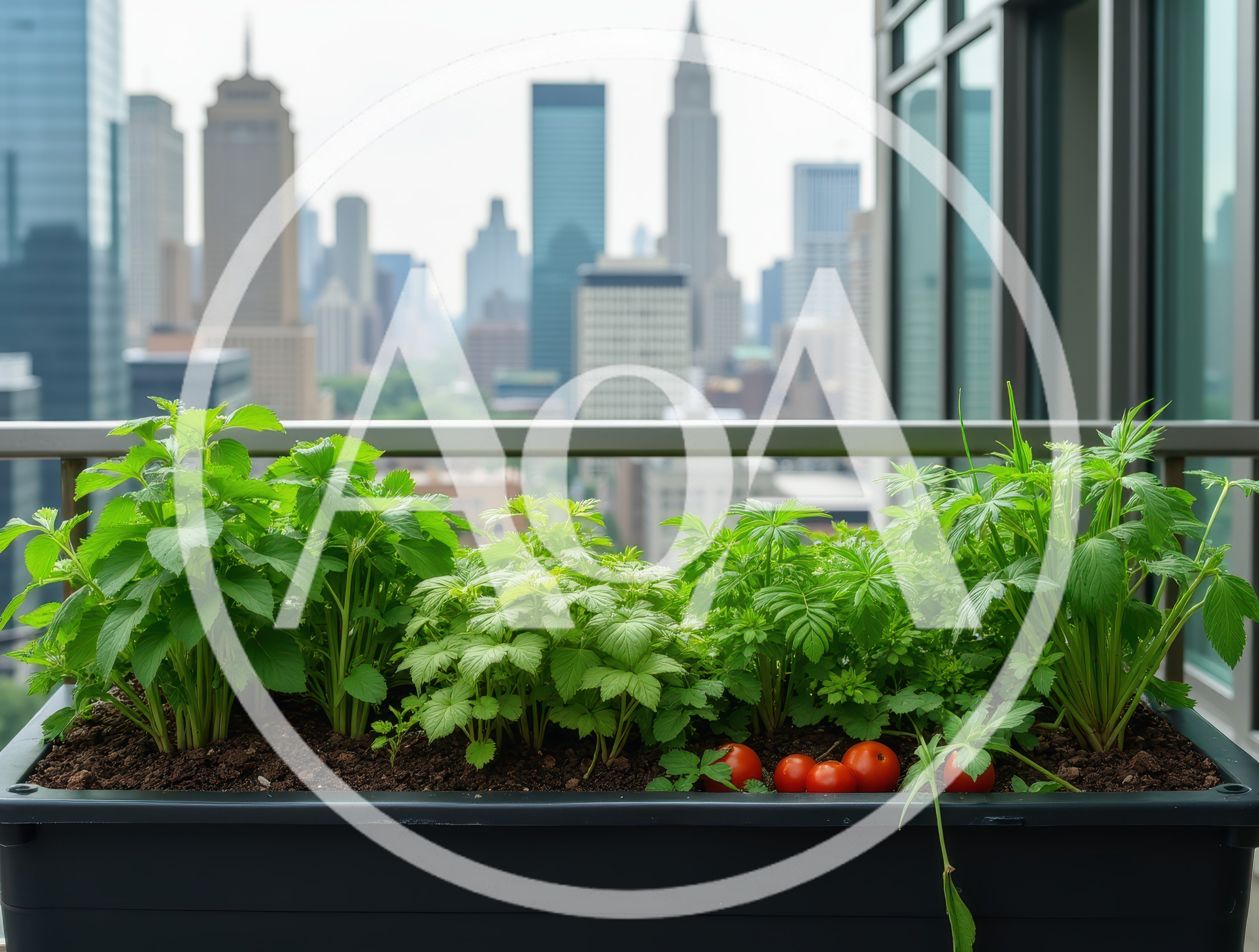 Urban Balcony Garden With Fresh Vegetables And City Skyline
