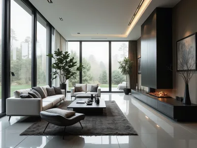 Modern Luxury Living Room With Floor To Ceiling Windows