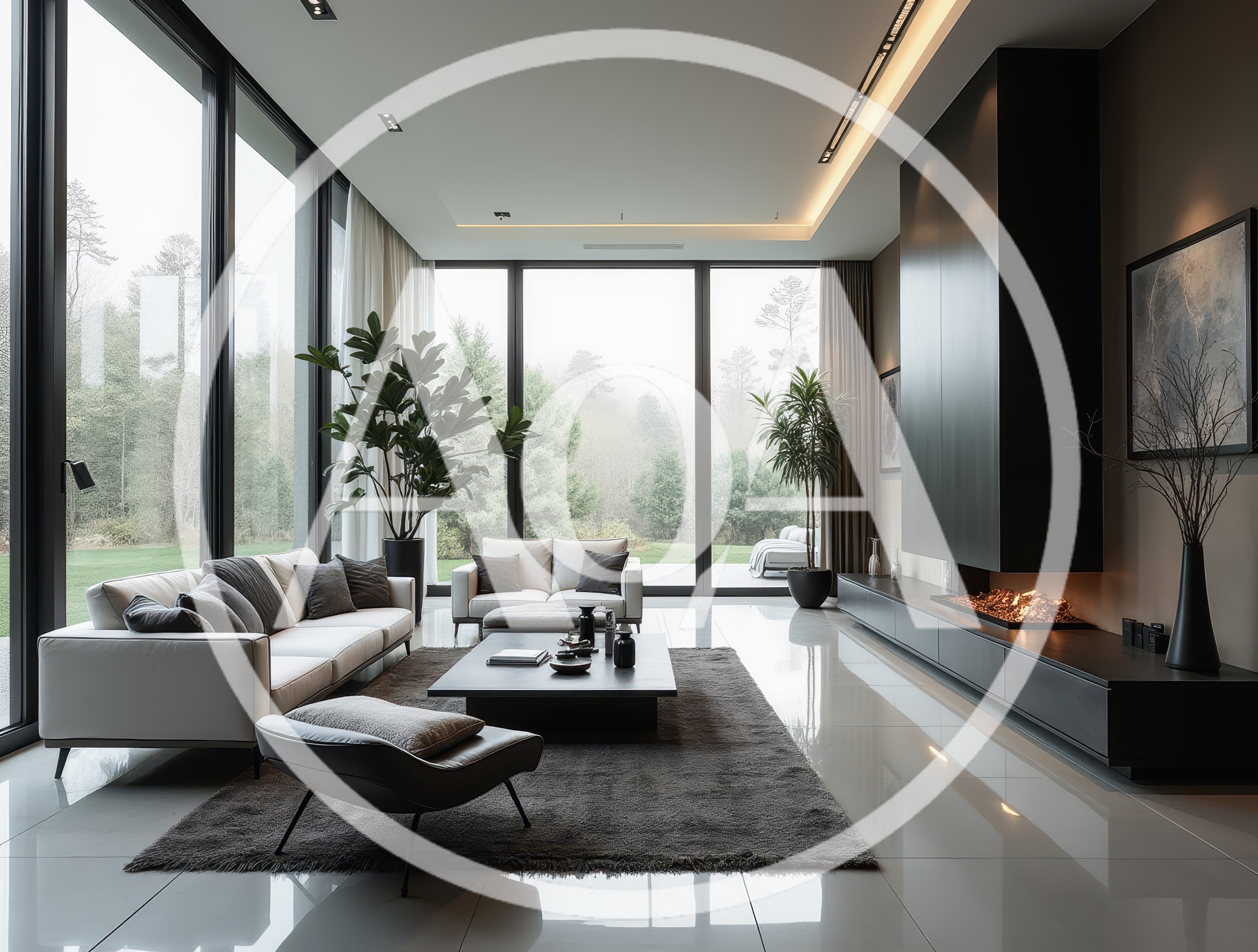 Modern Luxury Living Room With Floor To Ceiling Windows