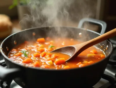 Steaming Vegetable Soup Simmering In A Pot