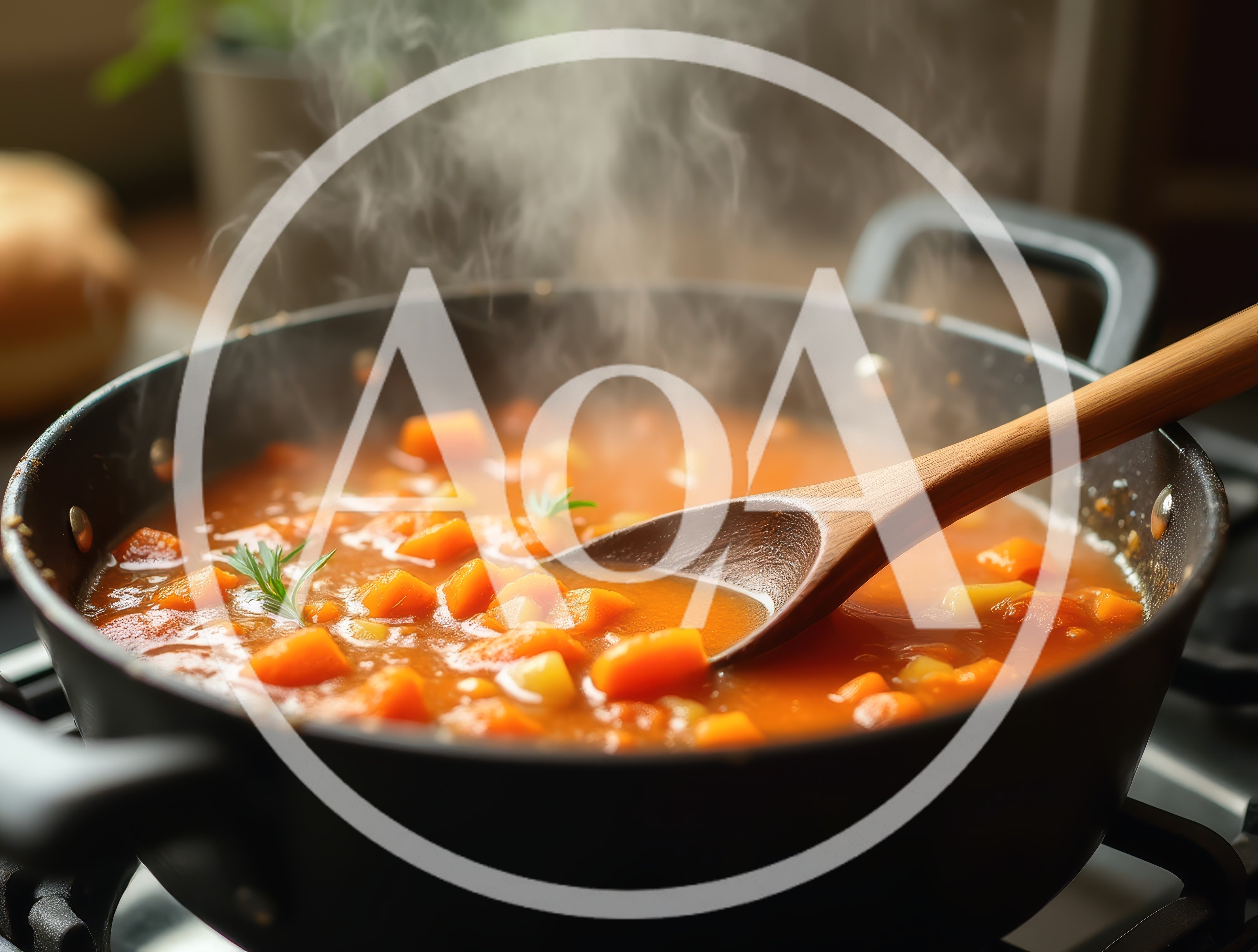 Steaming Vegetable Soup Simmering In A Pot
