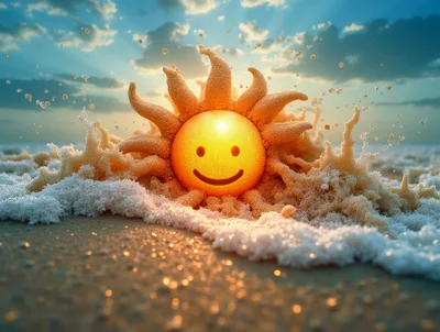 Surreal Glowing Sun Character Emerging From Ocean Waves