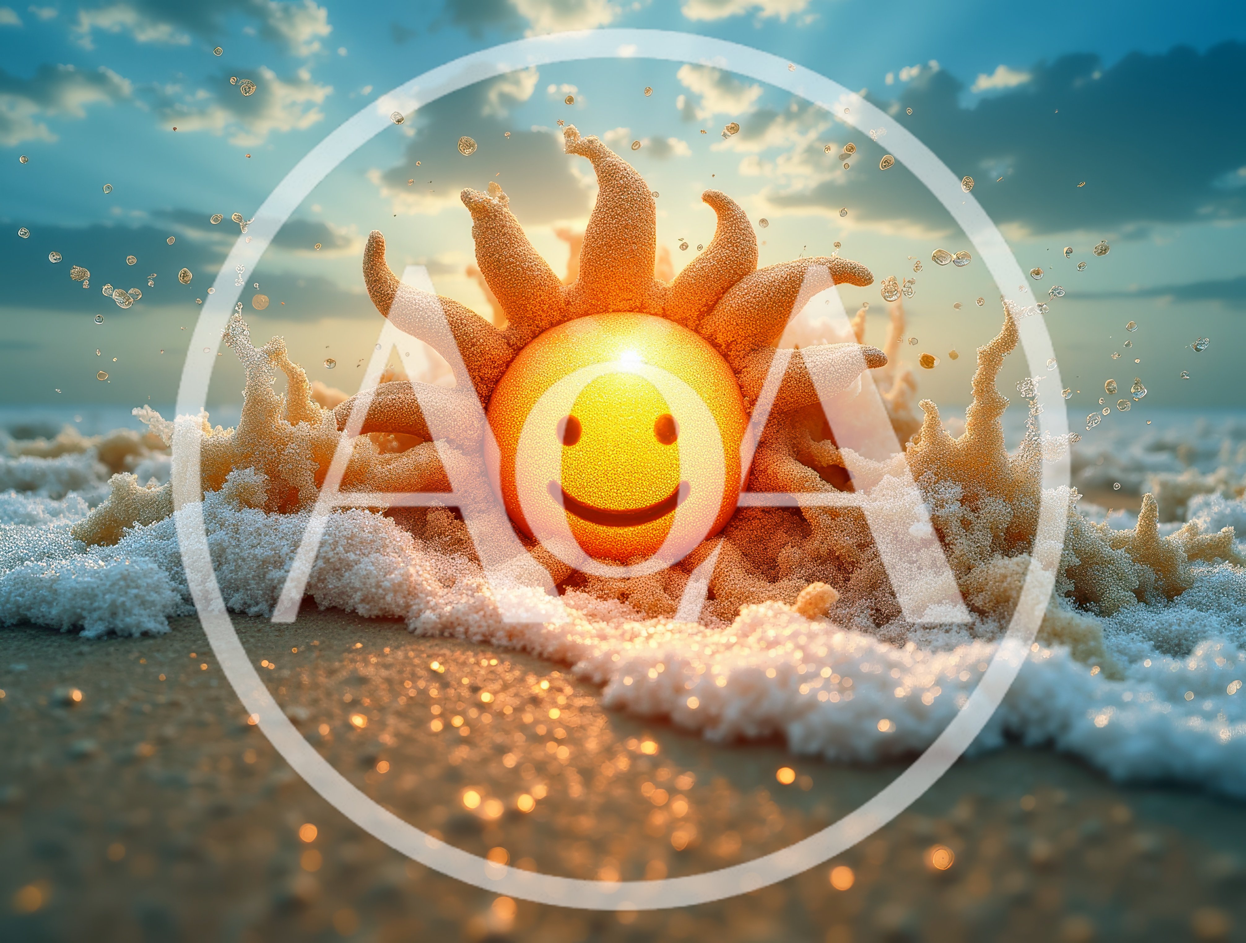 Surreal Glowing Sun Character Emerging From Ocean Waves