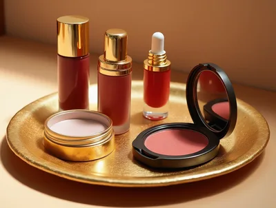 Luxury Cosmetic Products Arranged On A Gold Tray