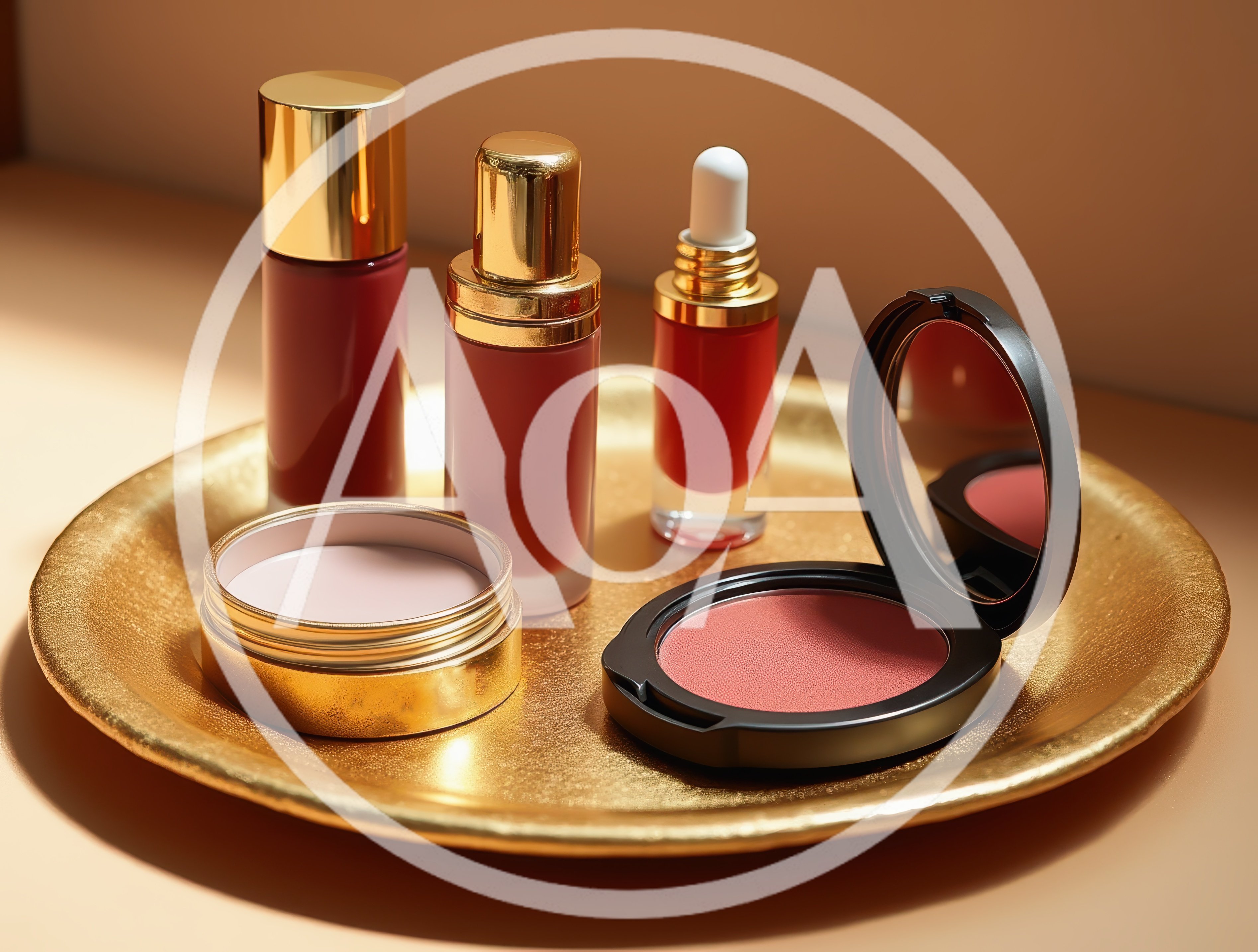 Luxury Cosmetic Products Arranged On A Gold Tray