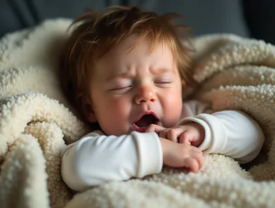 Yawning Baby Wrapped In A Soft Cream Blanket