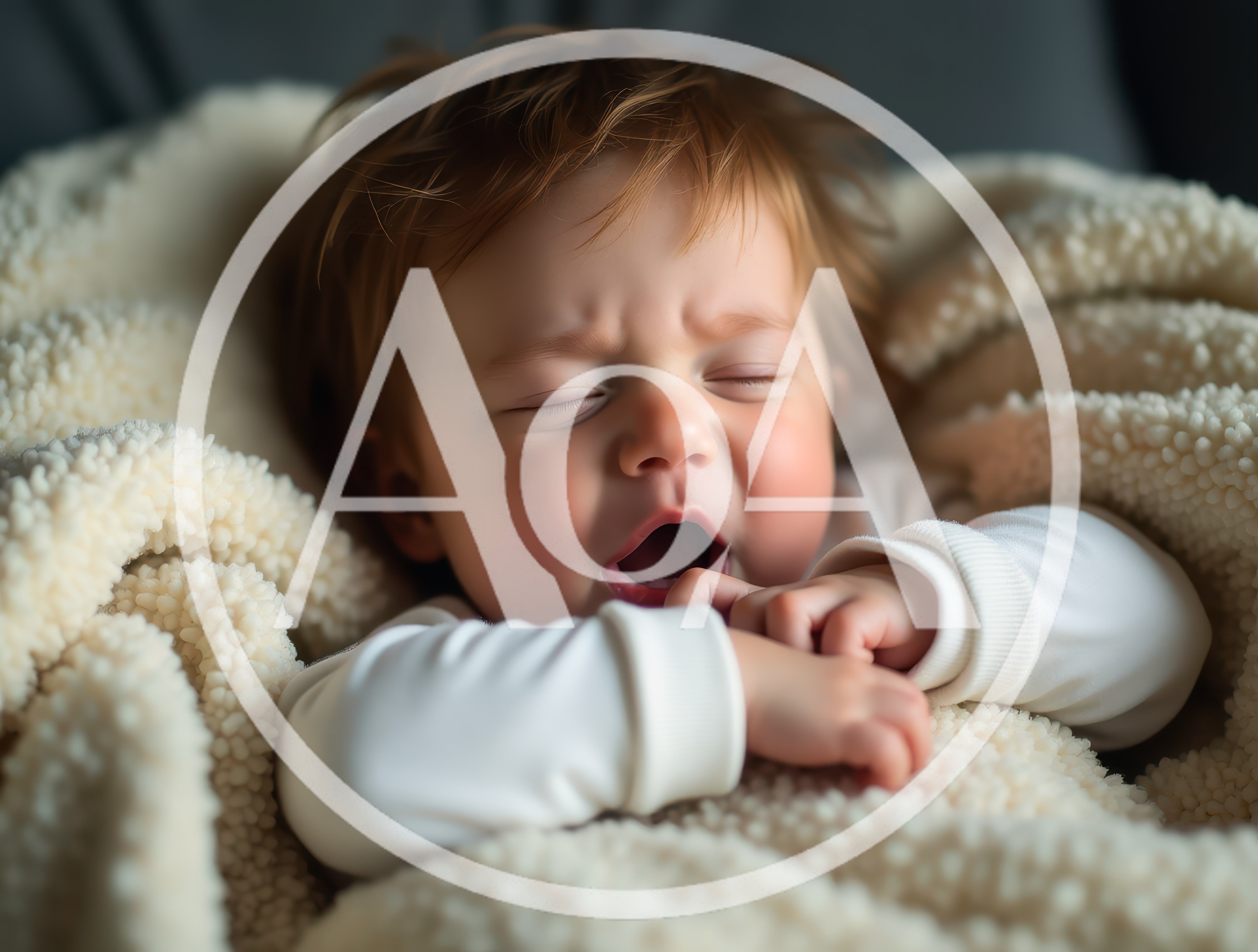 Yawning Baby Wrapped In A Soft Cream Blanket