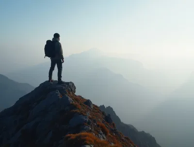 Hiker Standing On A Mountain Peak At Sunrise
