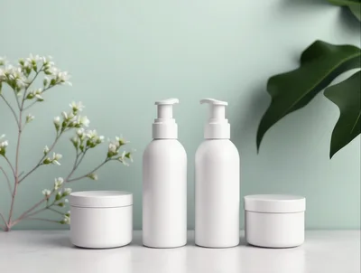 Minimalist Skincare Product Bottles And Jars On Marble