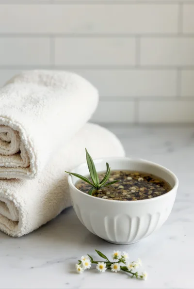 Spa Treatment Bowl With Herbs And Rolled Towels