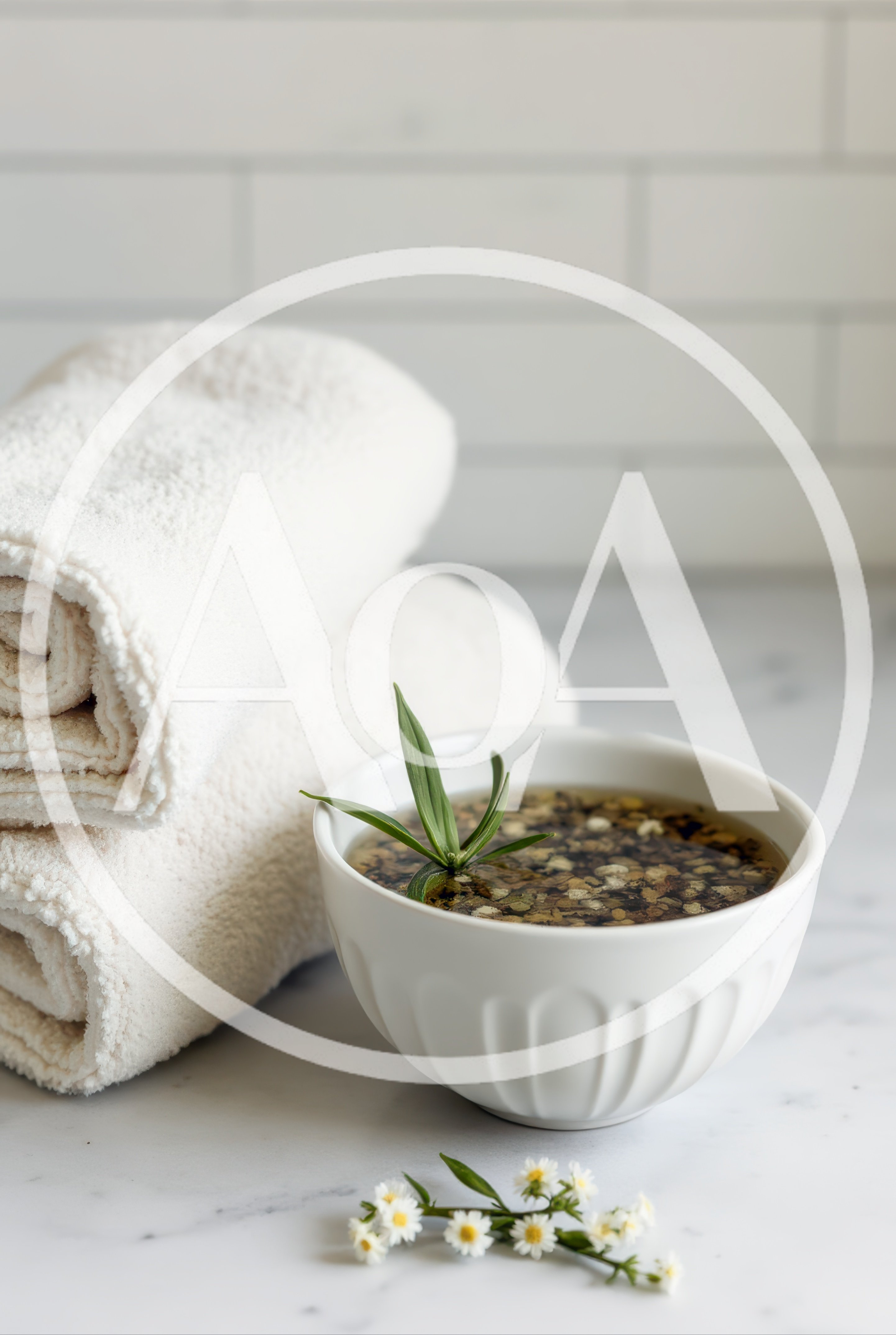 Spa Treatment Bowl With Herbs And Rolled Towels