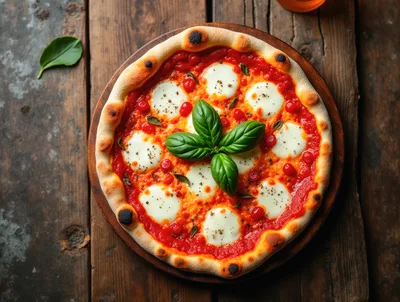 Fresh Margherita Pizza On A Rustic Wooden Board