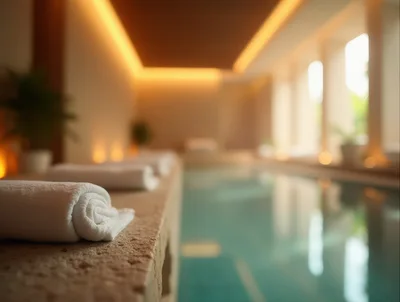 Rolled White Towels Beside A Luxury Indoor Swimming Pool