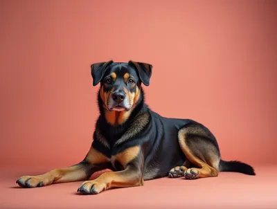 Studio Portrait Of A Black And Tan Dog