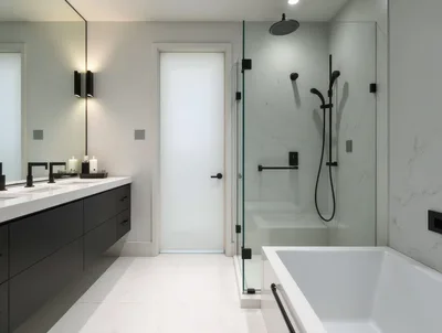 Modern Luxury Bathroom Interior With Glass Shower And Bathtub