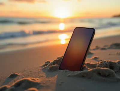 Smartphone Standing Upright In Sand At Sunset