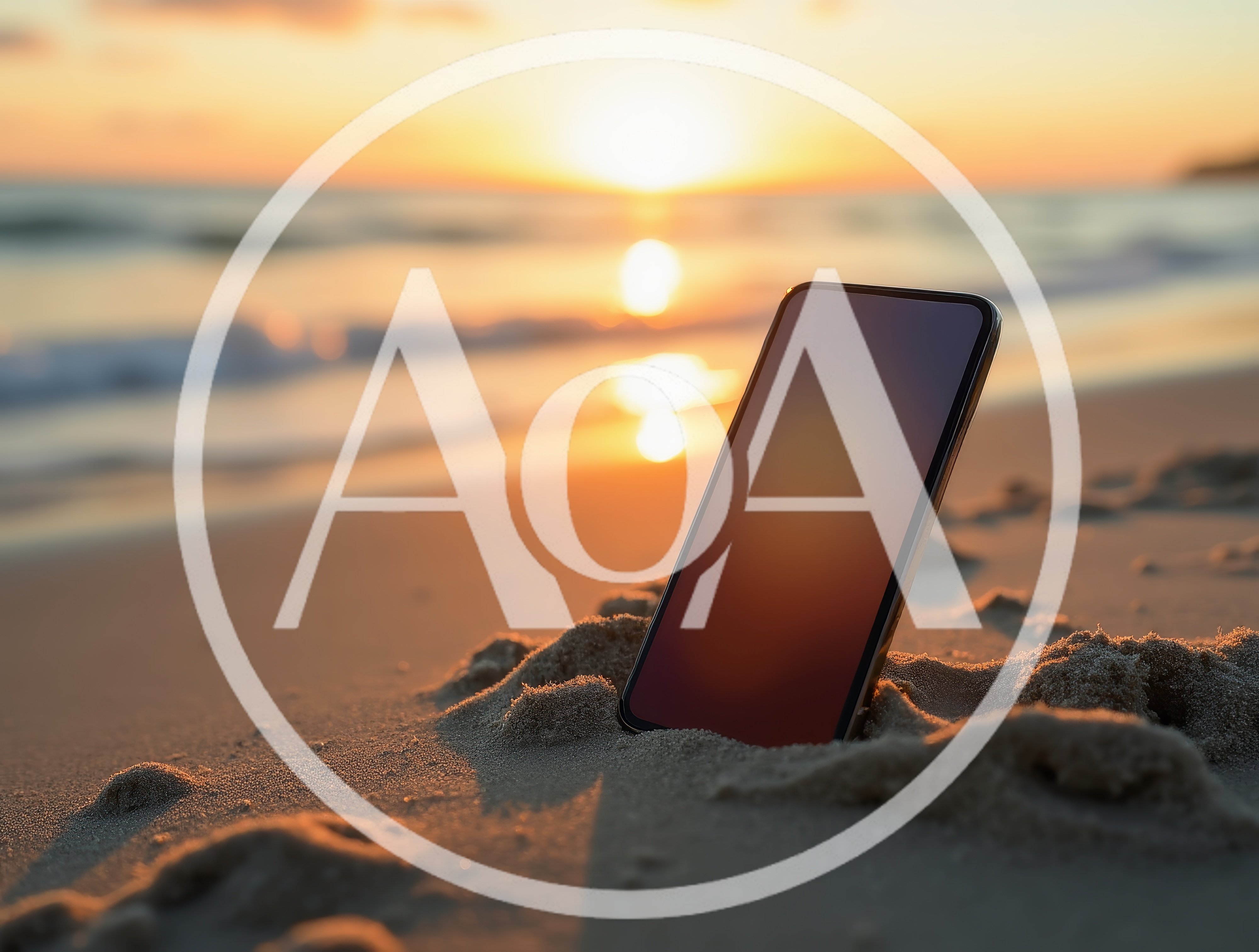Smartphone Standing Upright In Sand At Sunset