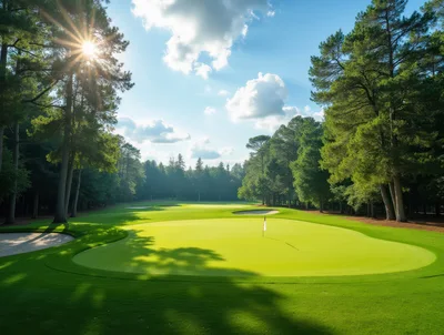 Scenic Golf Course Green With Sunlit Trees
