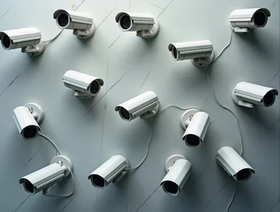 Multiple White Security Cameras Mounted On A Wall