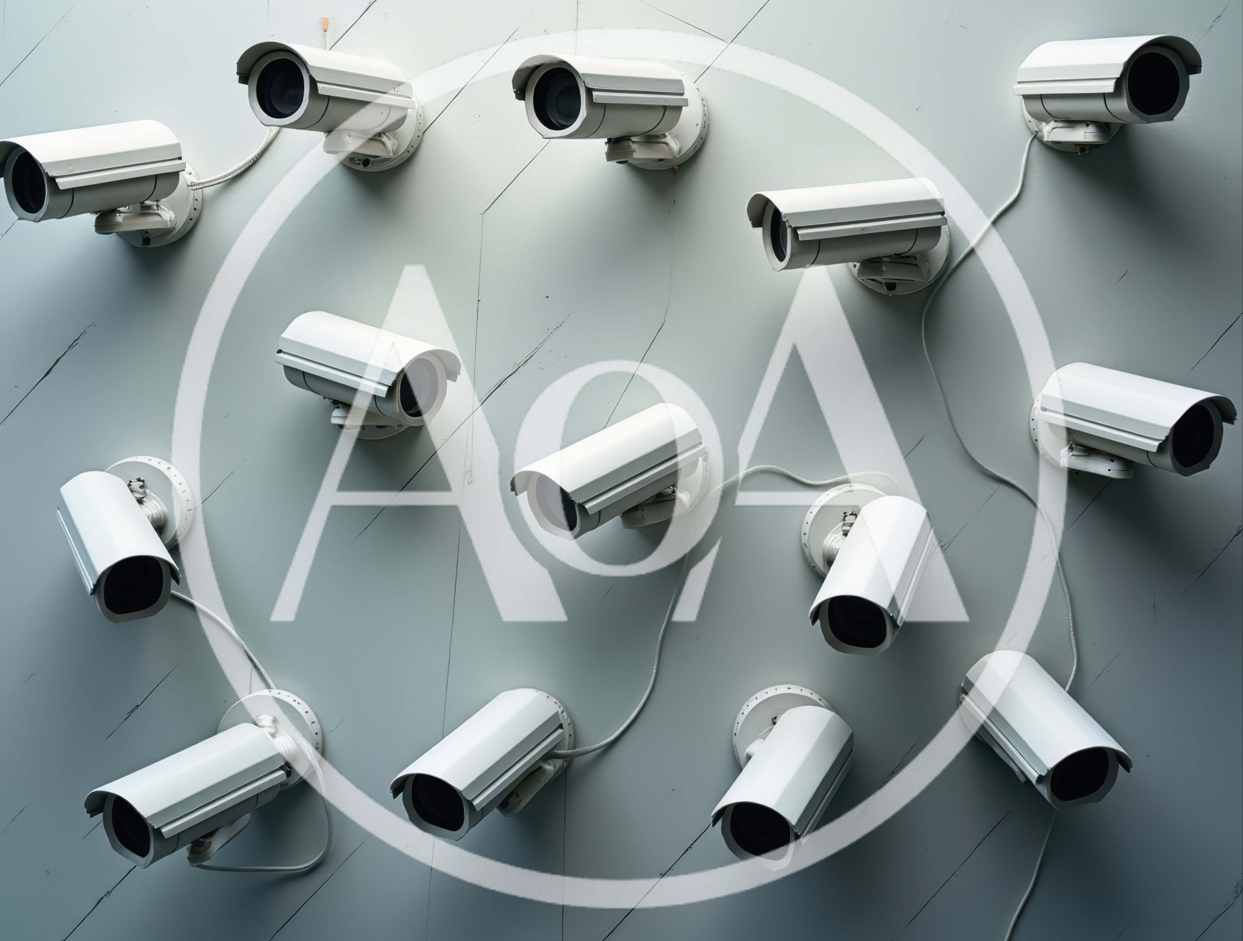 Multiple White Security Cameras Mounted On A Wall