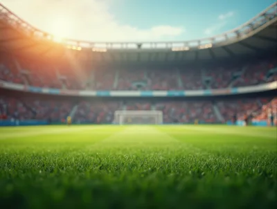 Empty Soccer Stadium Field At Sunset