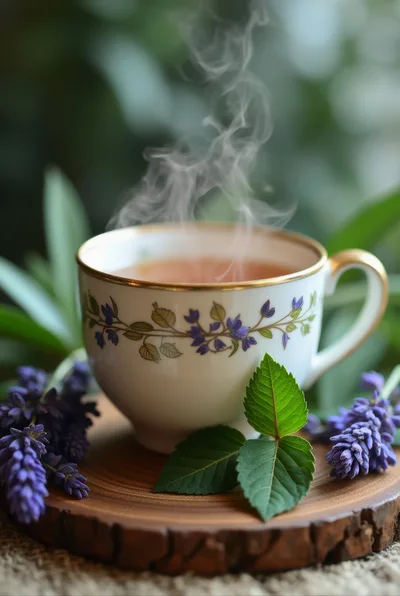 Steaming Cup of Herbal Tea with Purple Flowers
