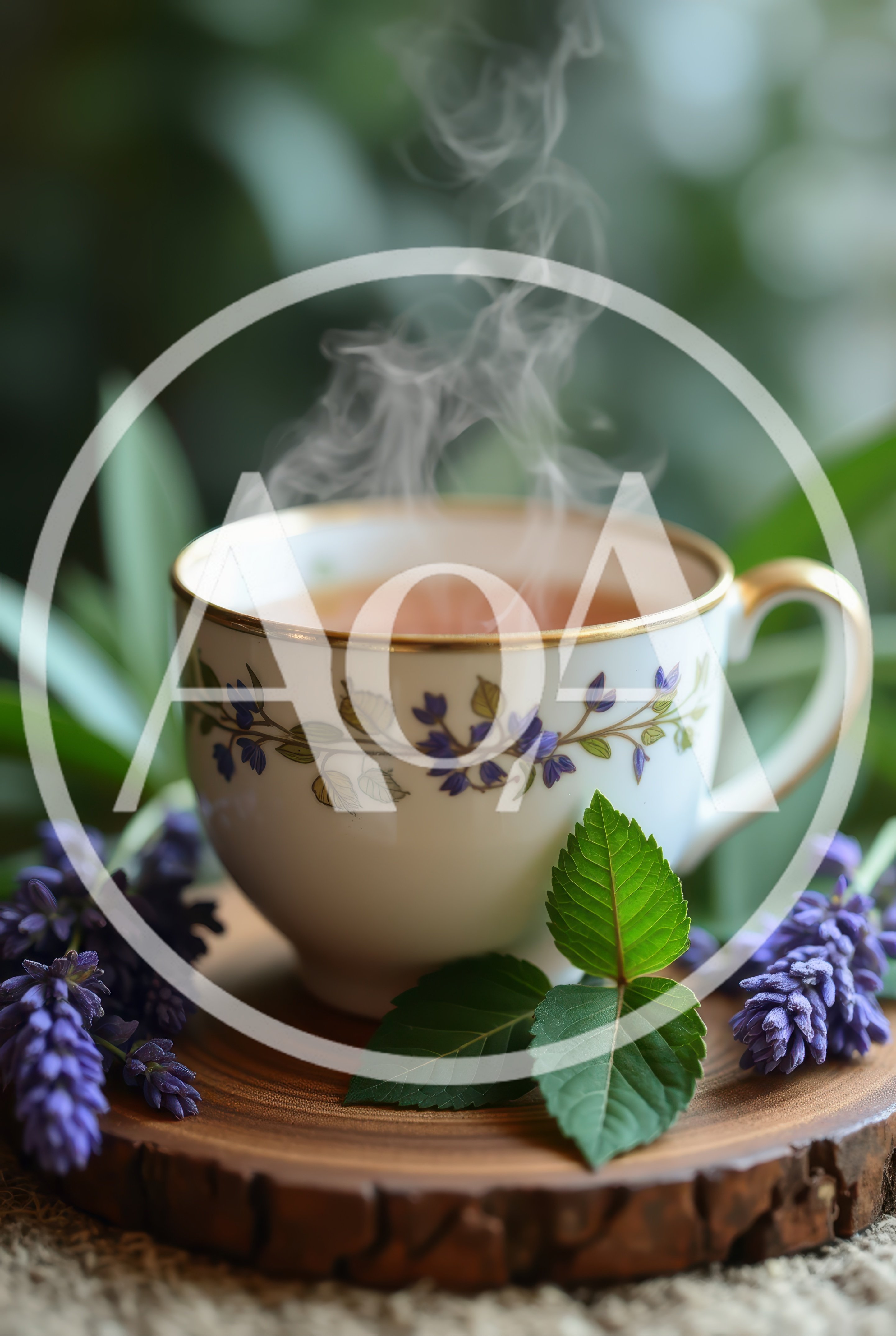 Steaming Cup of Herbal Tea with Purple Flowers