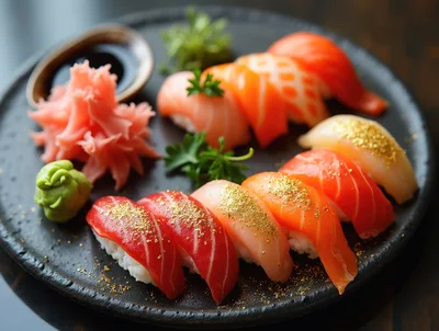 Gourmet Nigiri Sushi Platter With Edible Gold Flakes