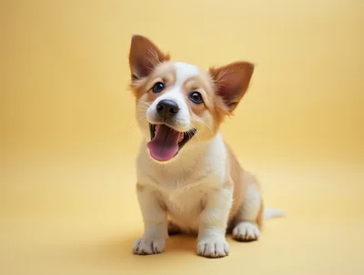 Adorable Corgi Puppy Sitting on Yellow Background