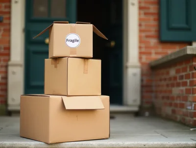 Stack of Cardboard Delivery Boxes on Front Porch