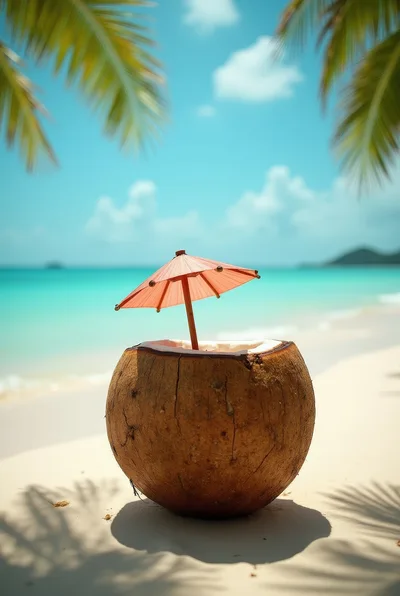Coconut Drink With Cocktail Umbrella On Tropical Beach