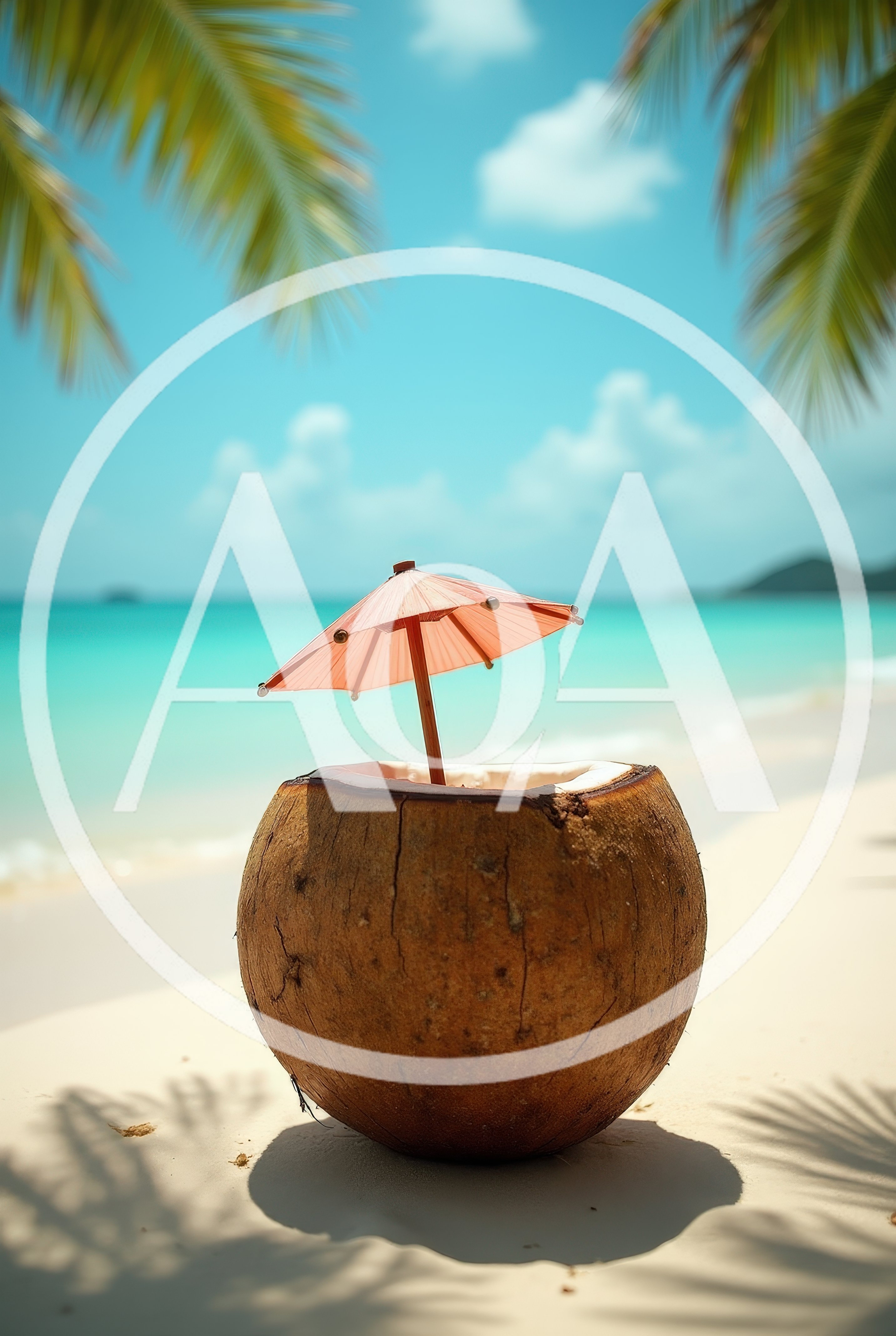 Coconut Drink With Cocktail Umbrella On Tropical Beach