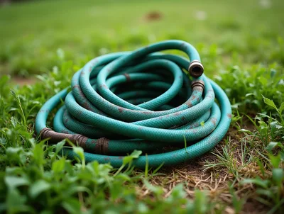 Coiled Green Garden Hose On Grass